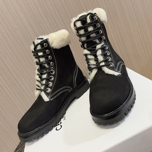 KURT LACE-UP MID BOOT IN BLACK SUEDE AND SHEARLING