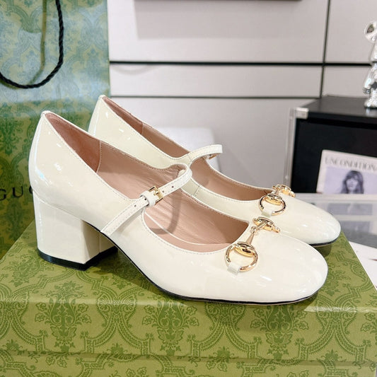 HORSEBIT MARY JANE HEEL IN WHITE CALFSKIN