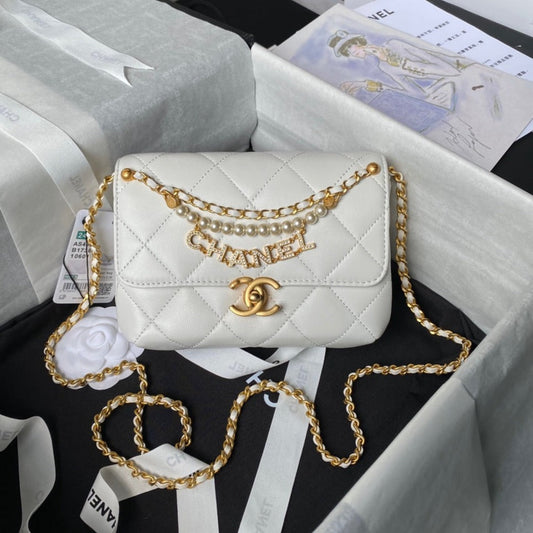 24a mini flap bag 19cm white lambskin pearl and gold hardware