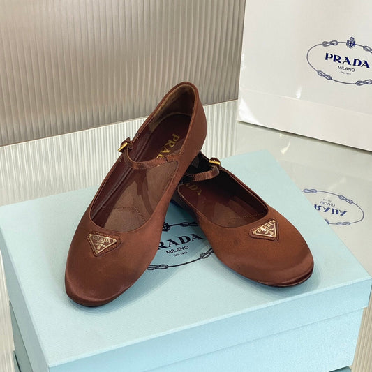 PRA NAPPA MARY JANE FLAT BROWN SATIN