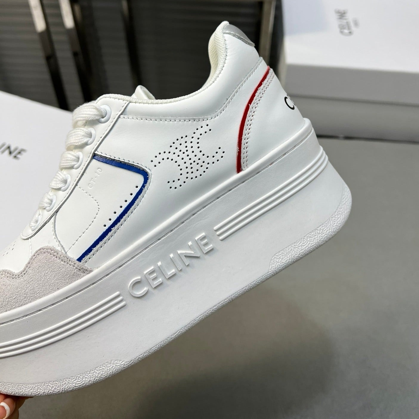 BLOCK SNEAKERS WITH WEDGE OUTSOLE IN CALFSKIN OPTIC WHITE/BLUE/RED/SILVER