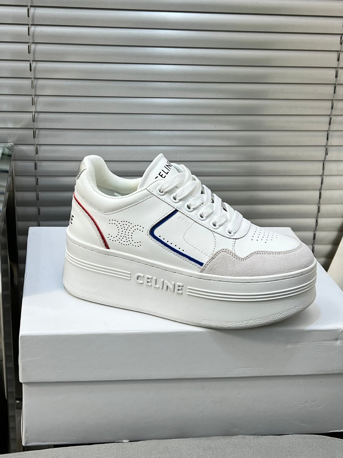 BLOCK SNEAKERS WITH WEDGE OUTSOLE IN CALFSKIN OPTIC WHITE/BLUE/RED/SILVER