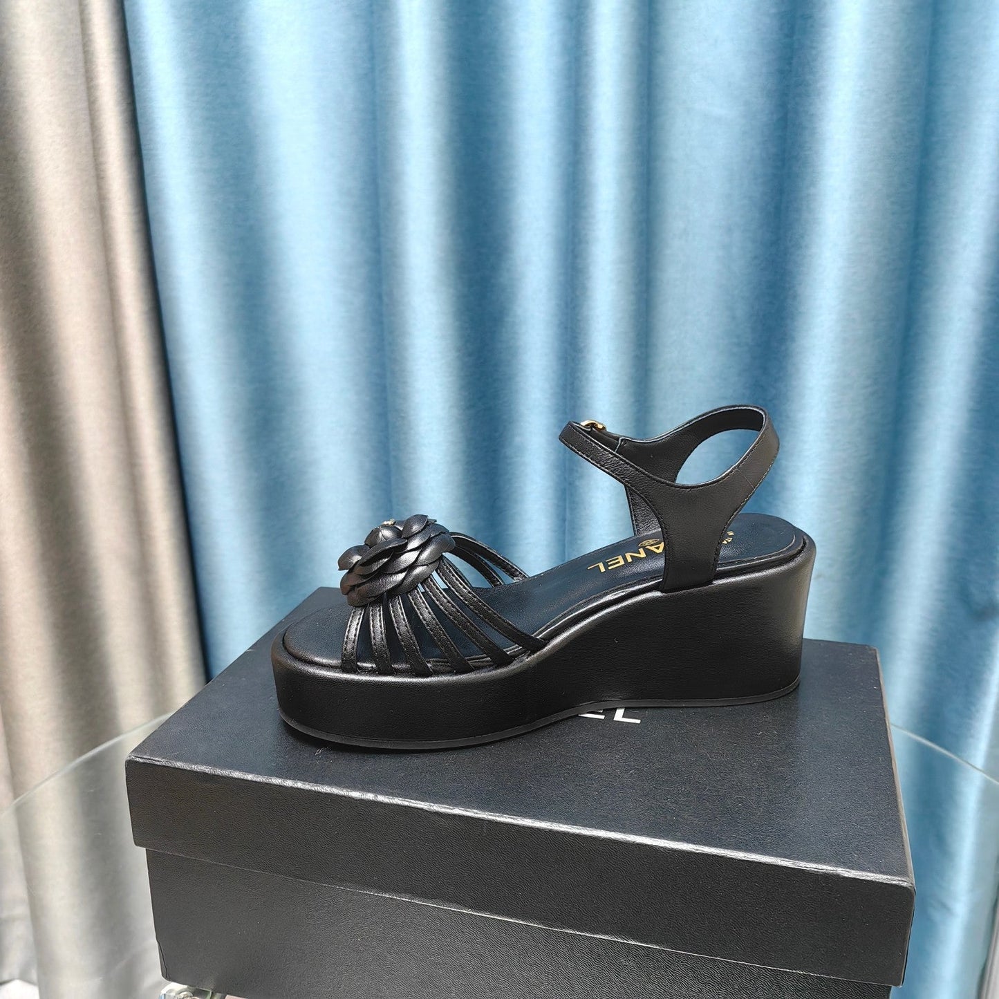 Camellia Slide Wedge Sandal Black Lambskin