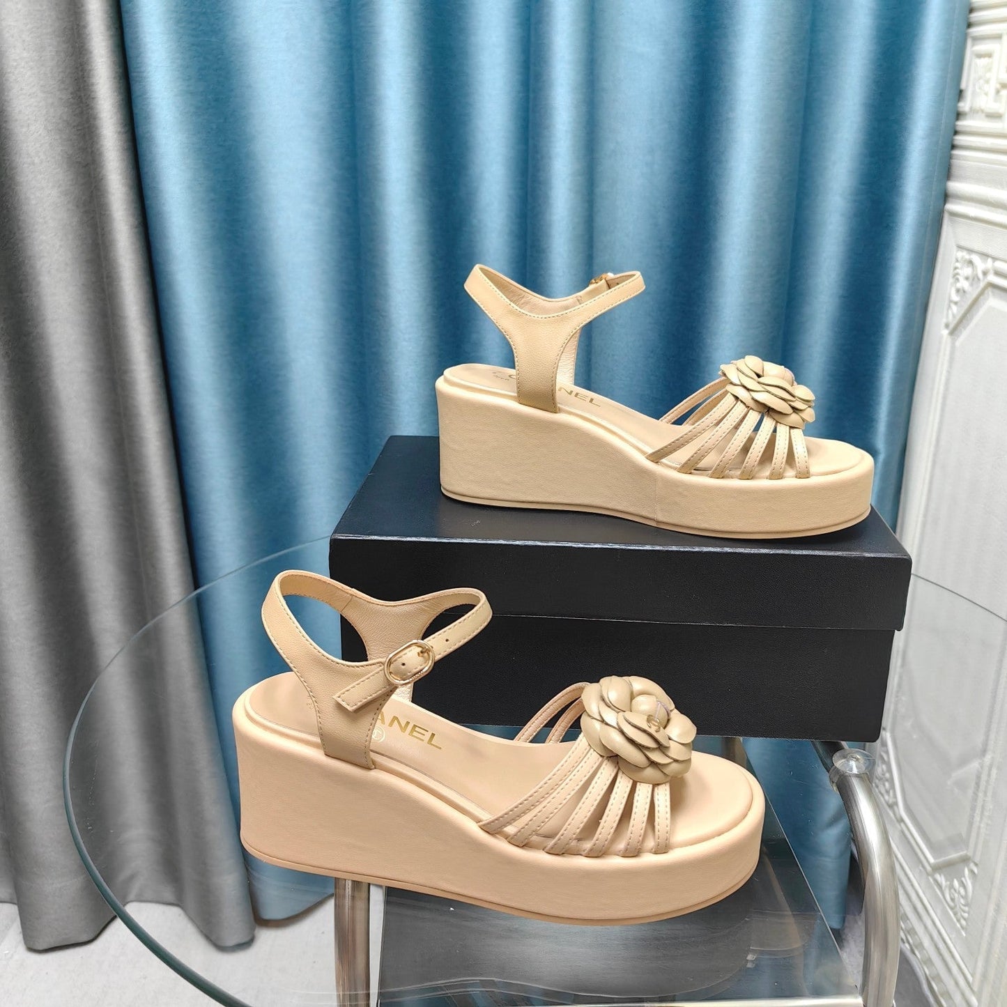 Camellia Slide Wedge Sandal Beige Cream Lambskin