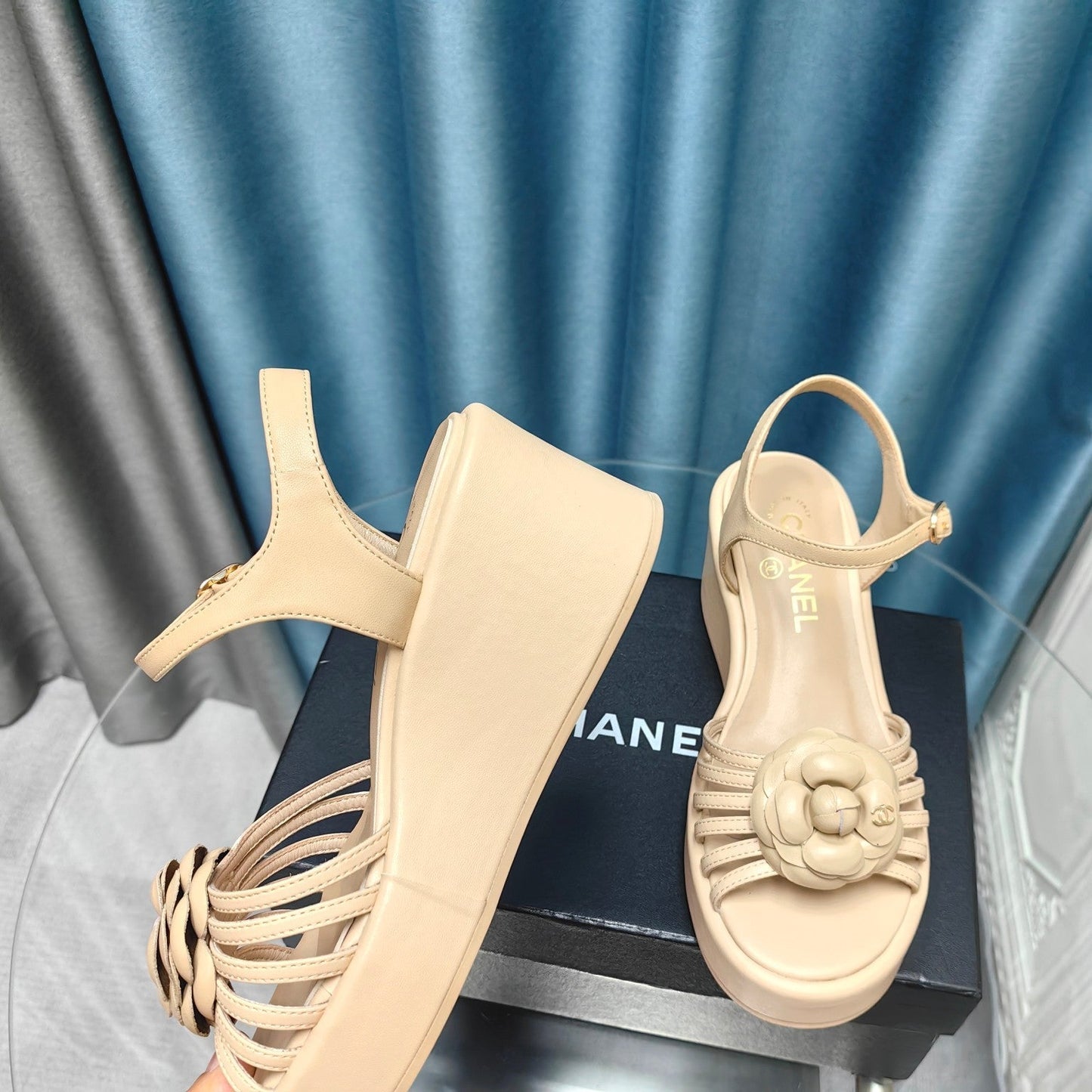 Camellia Slide Wedge Sandal Beige Cream Lambskin