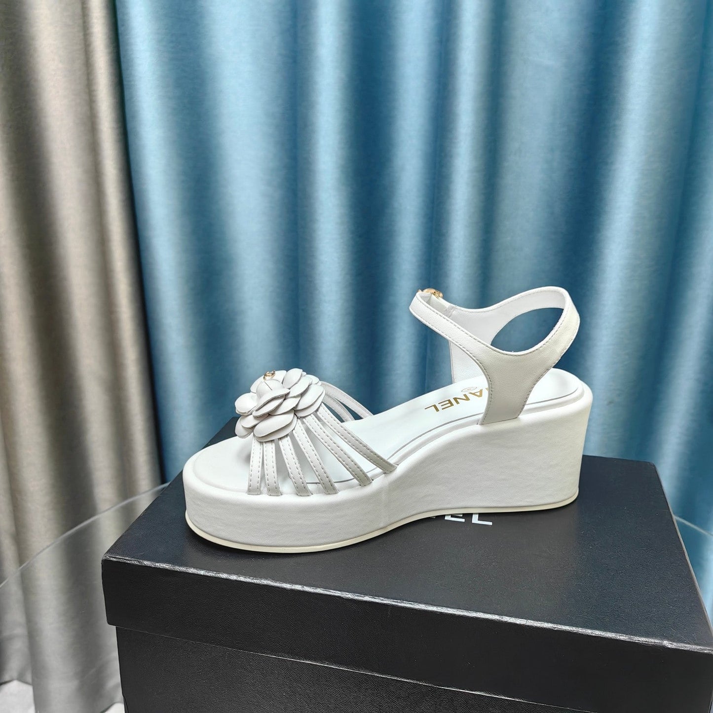 Camellia Slide Wedge Sandal White Lambskin