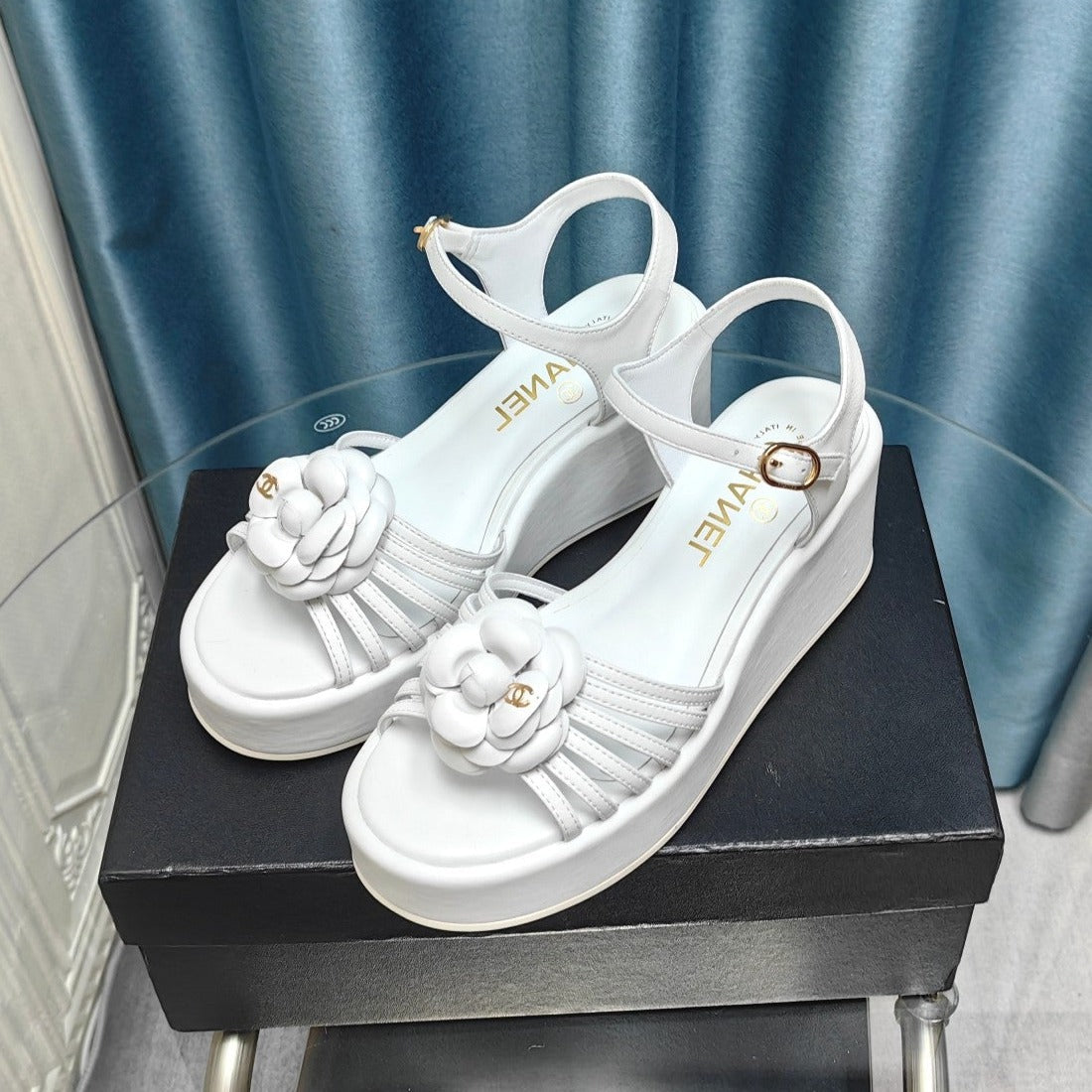 Camellia Slide Wedge Sandal White Lambskin