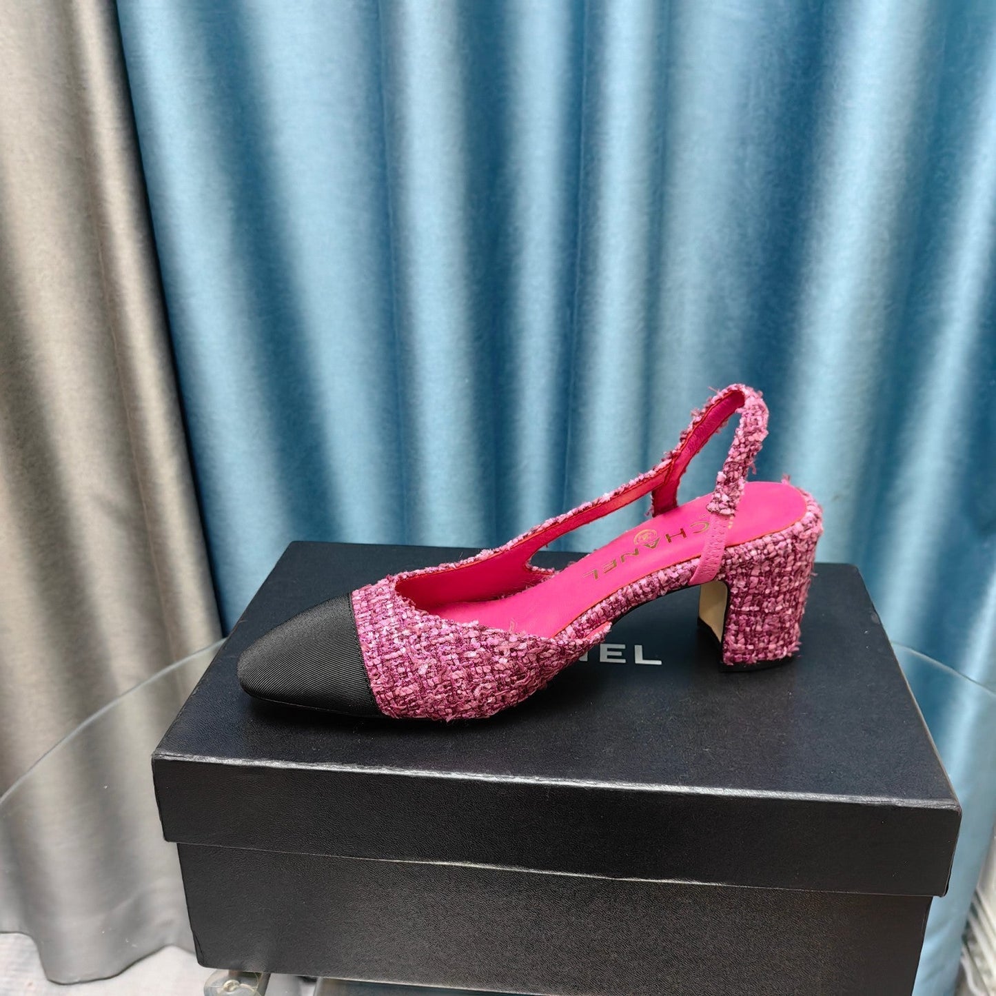 slingback 65 dark pink tweed black grosgrain