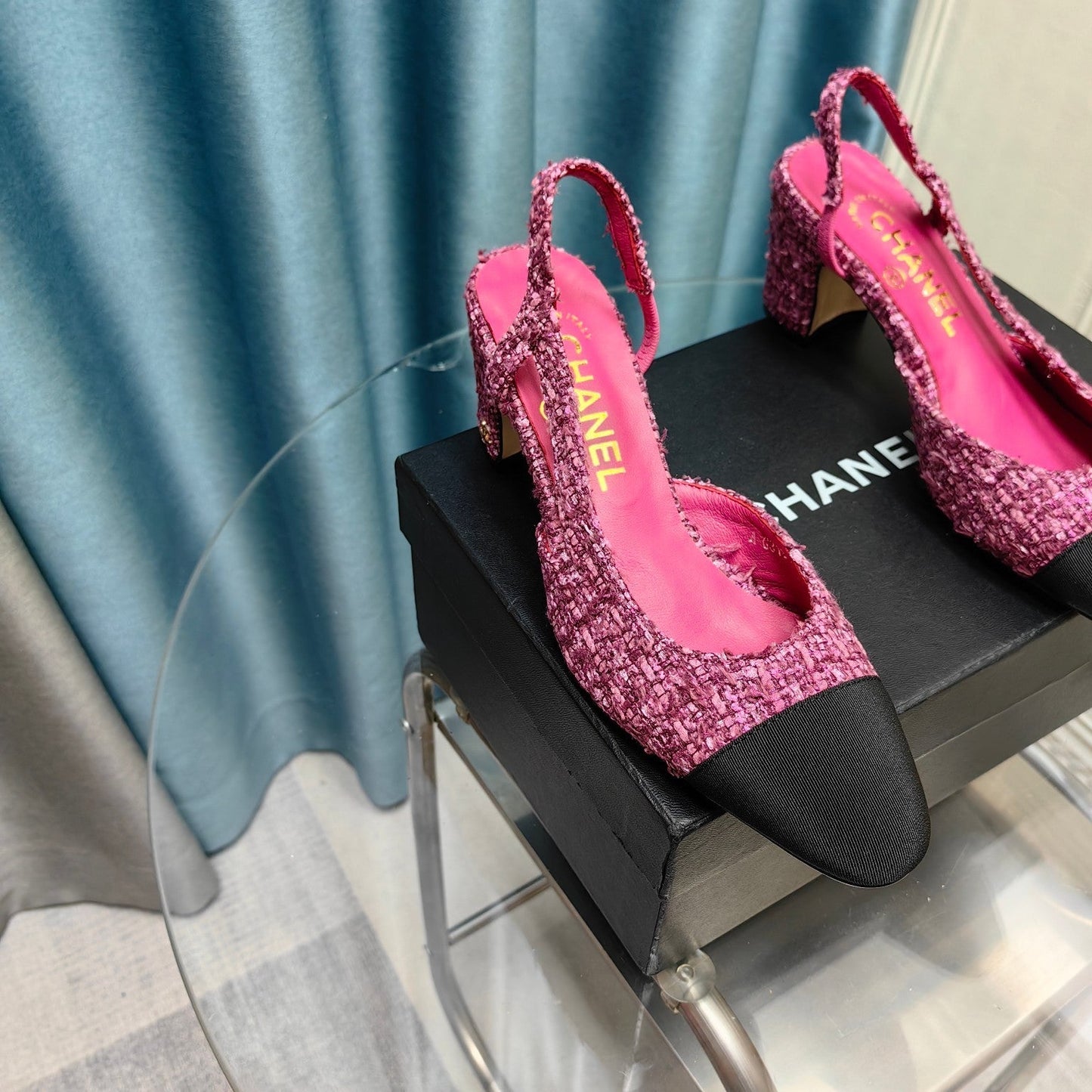 slingback 65 dark pink tweed black grosgrain