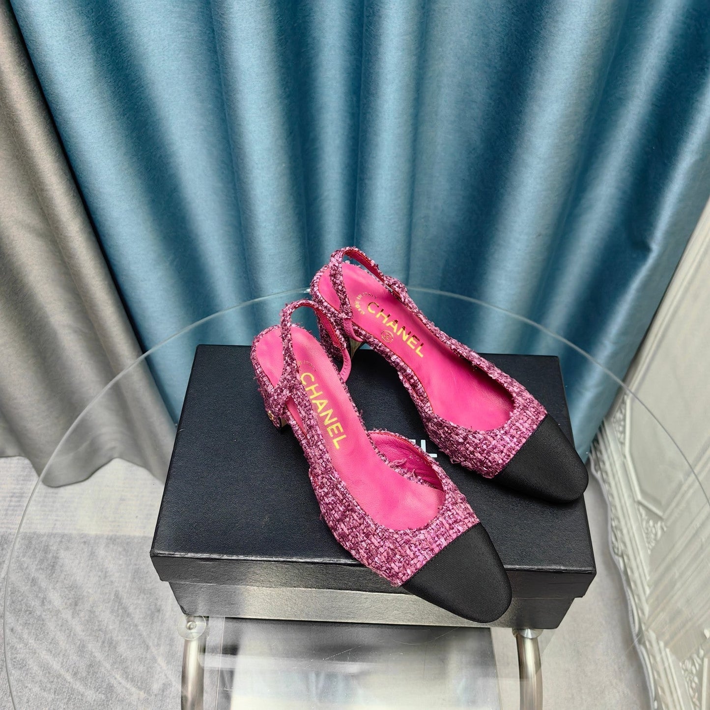 slingback 65 dark pink tweed black grosgrain