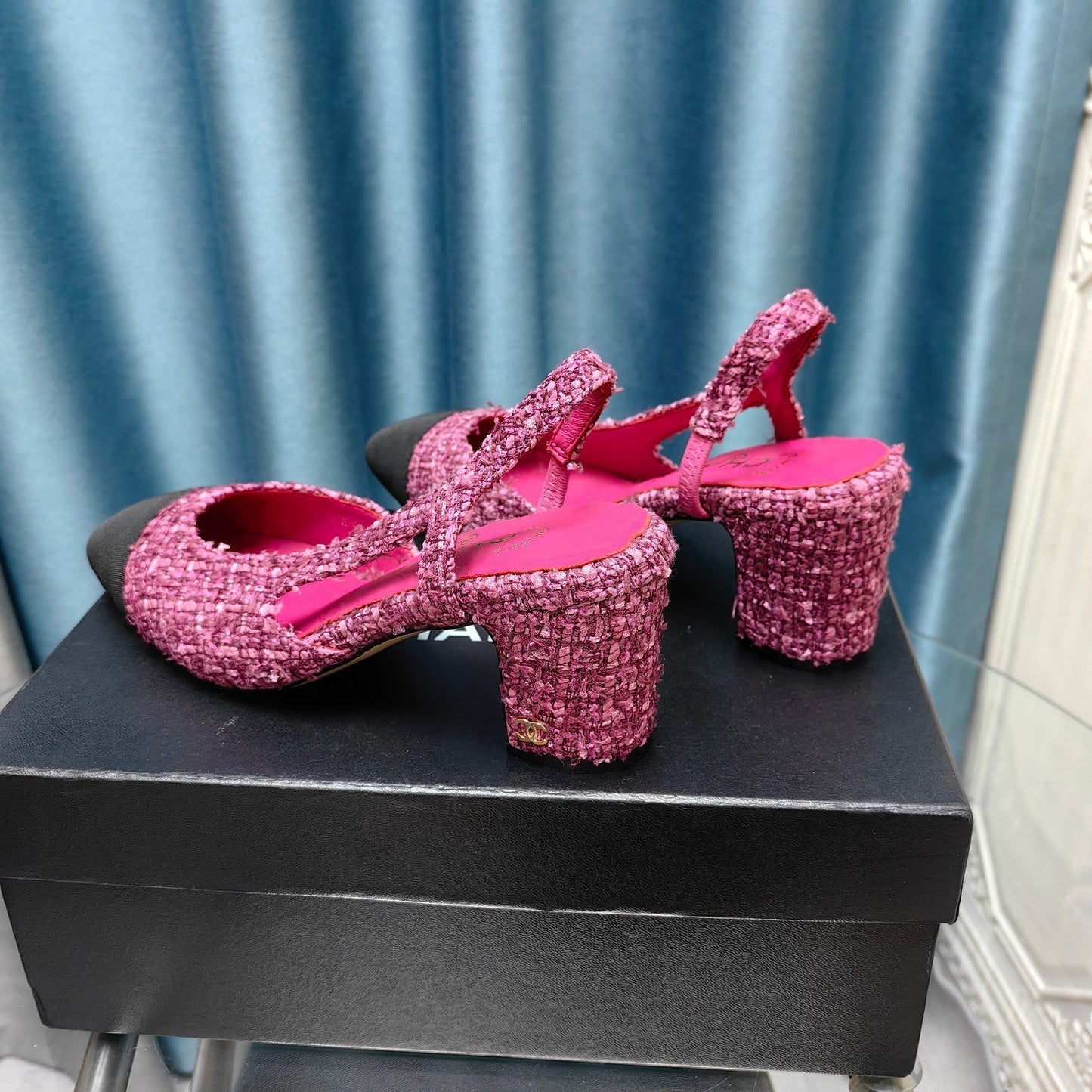 slingback 65 dark pink tweed black grosgrain