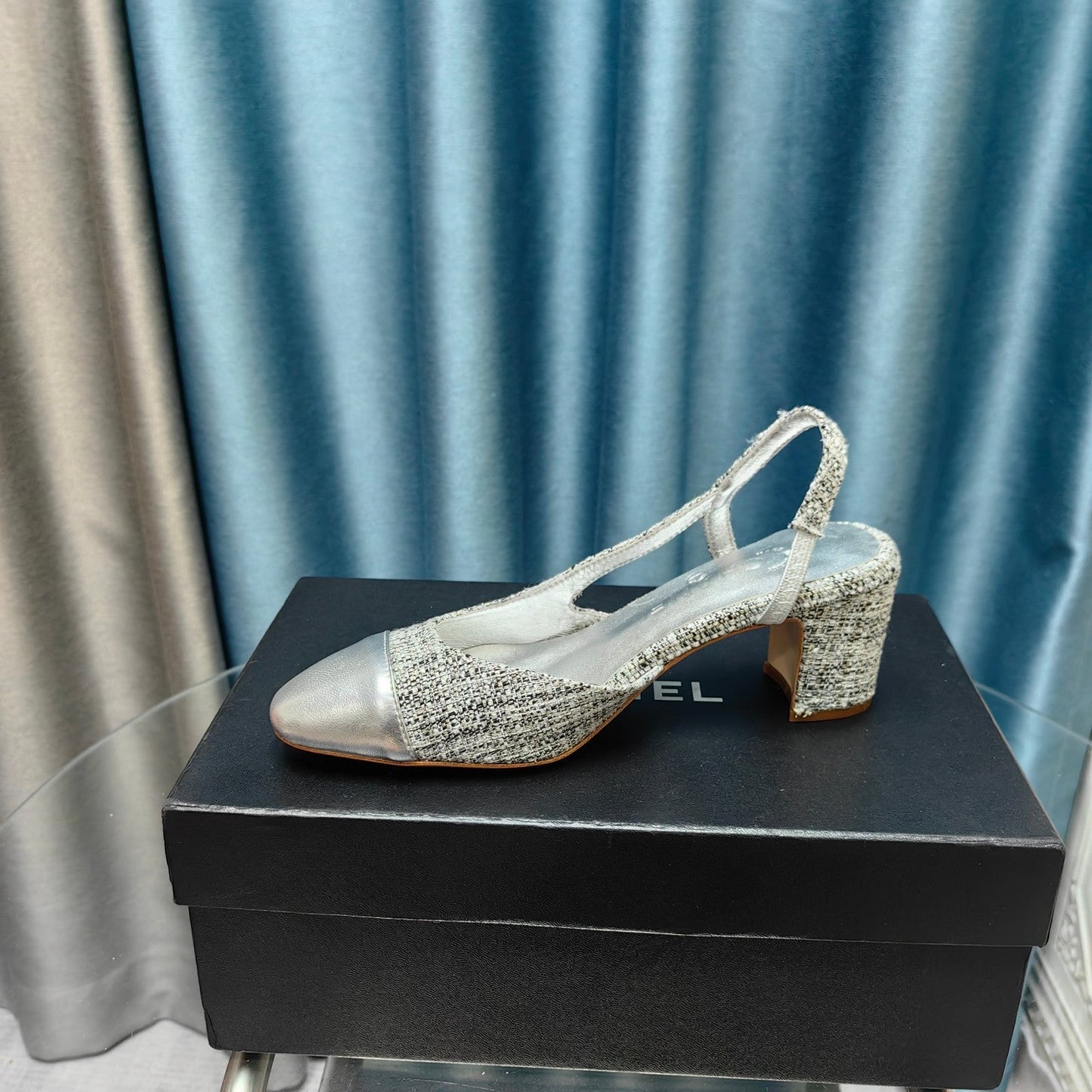 slingbacks 65 black white canvas silver metalic calfskin