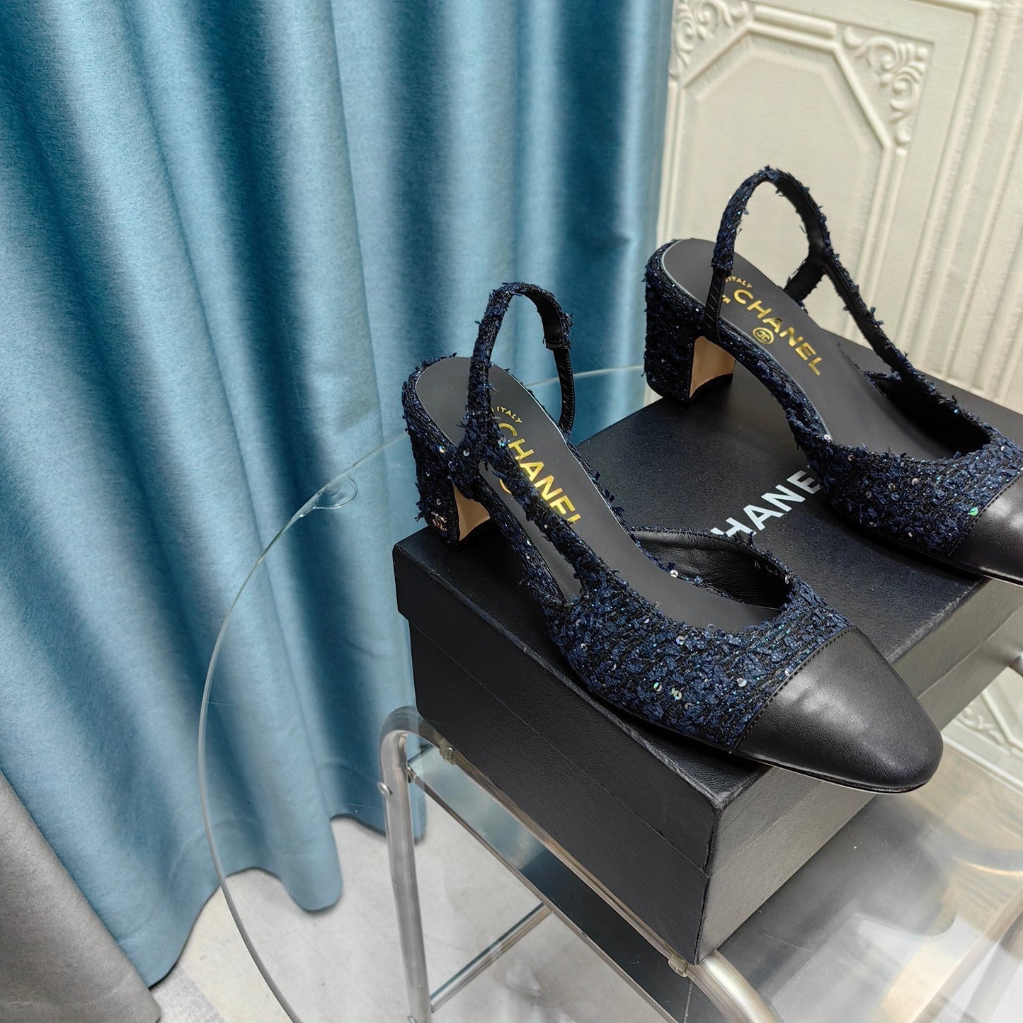 slingbacks 65 black blue tweed black calfskin