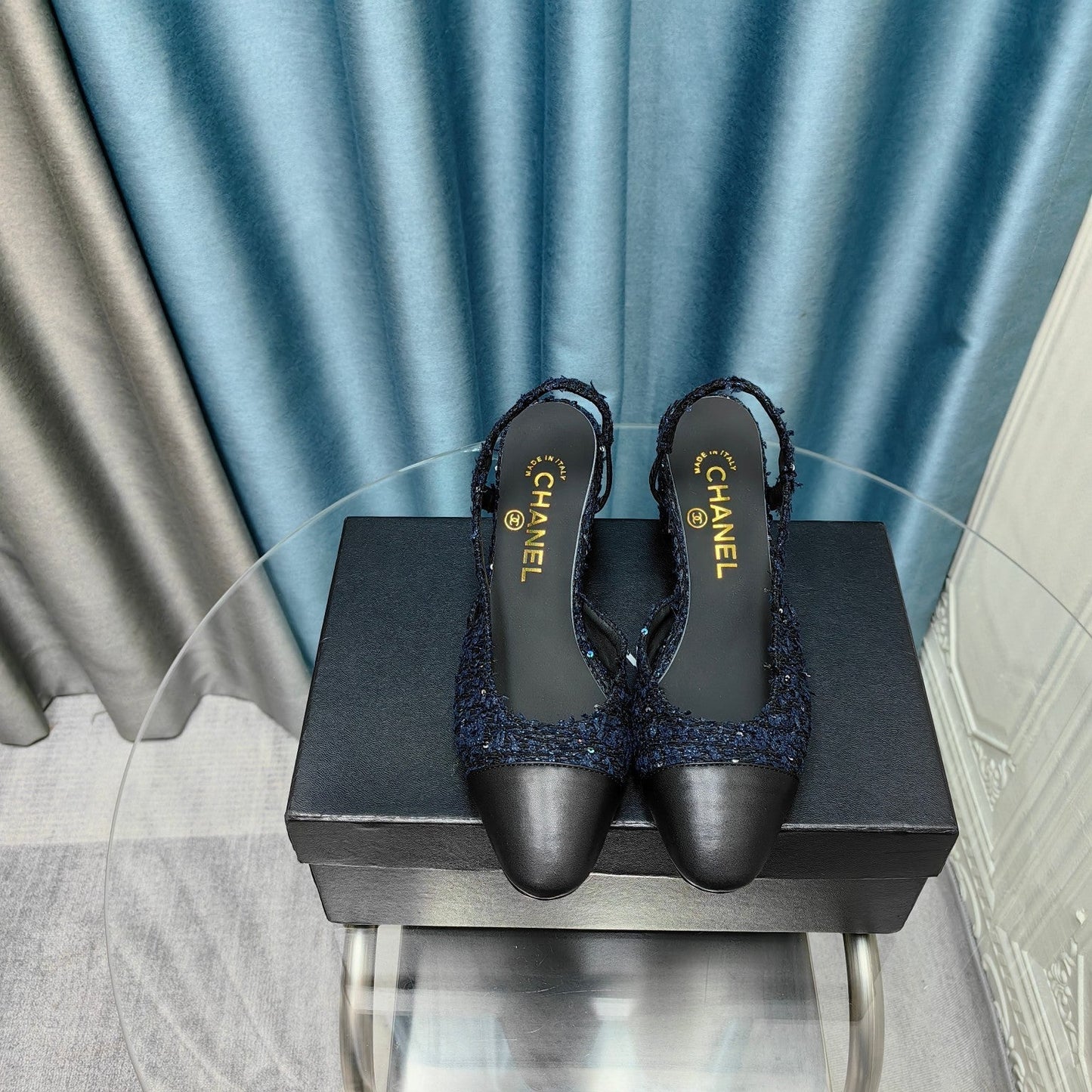 slingbacks 65 black blue tweed black calfskin