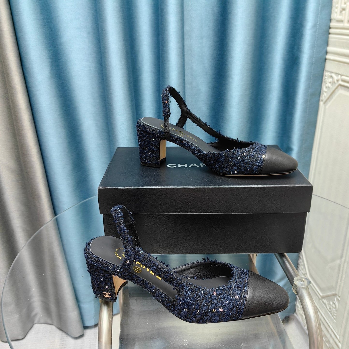 slingbacks 65 black blue tweed black calfskin