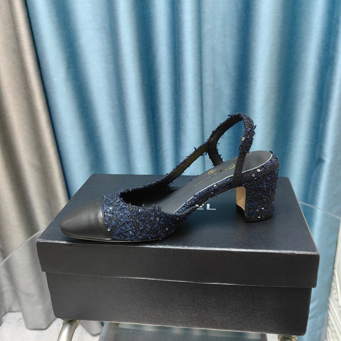 slingbacks 65 black blue tweed black calfskin