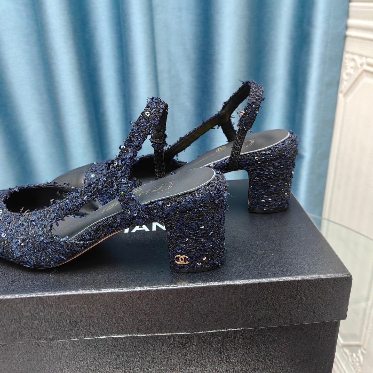 slingbacks 65 black blue tweed black calfskin