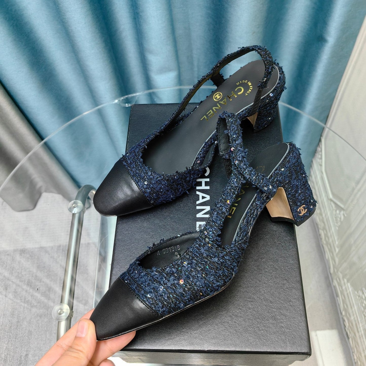 slingbacks 65 black blue tweed black calfskin