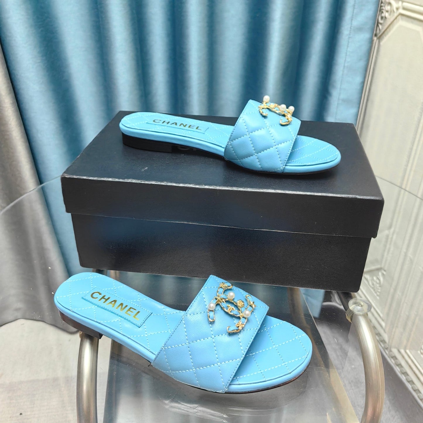 mule sandal quilted turquoise calfskin mop