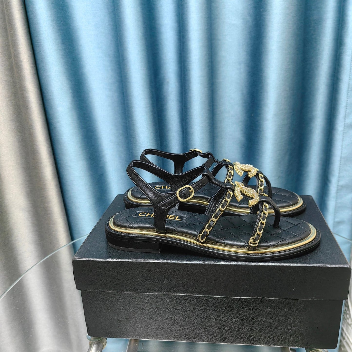 sandal leather strap black quilted calfskin mop gold chain