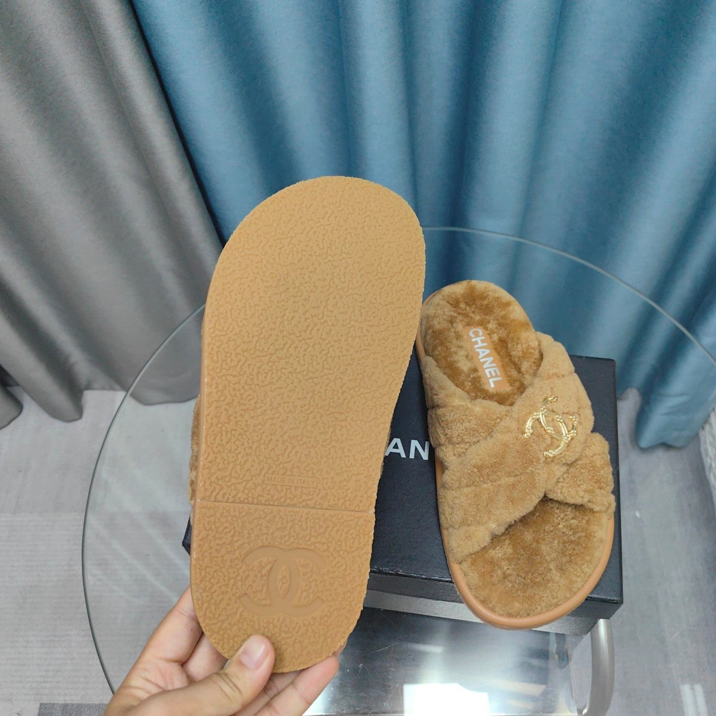 CC Crisscross Slippers Light Brown Pattern Fleece Wool