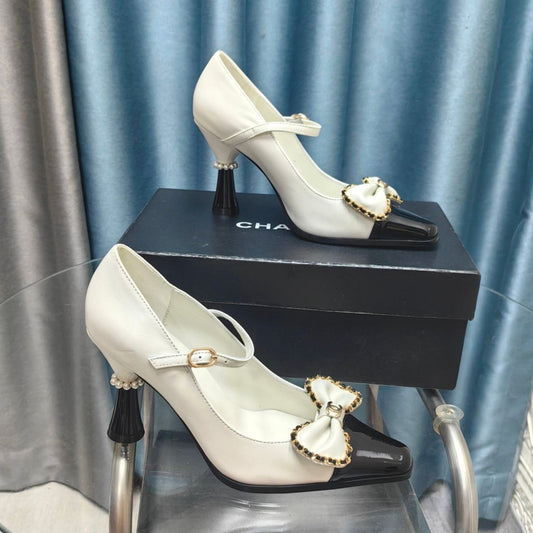 CC High Mary Janes White Bow Lambskin