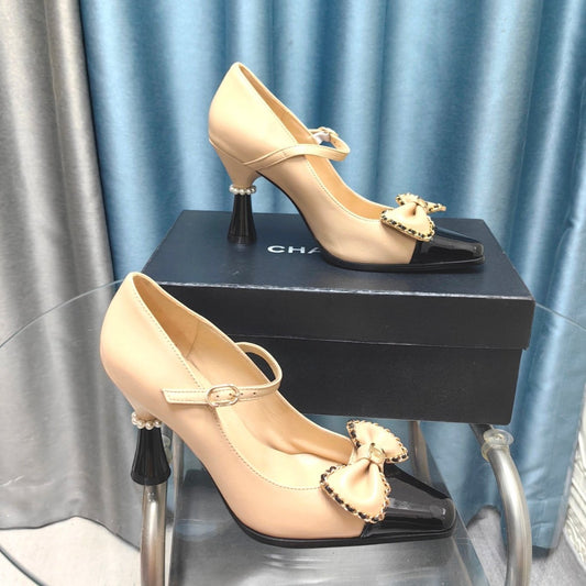 CC High Mary Janes Beige Bow Lambskin