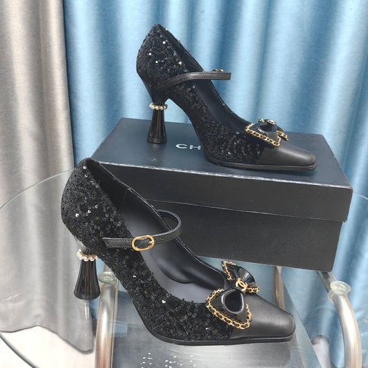 CC High Mary Janes Black Beaded Fabric And Lambskin