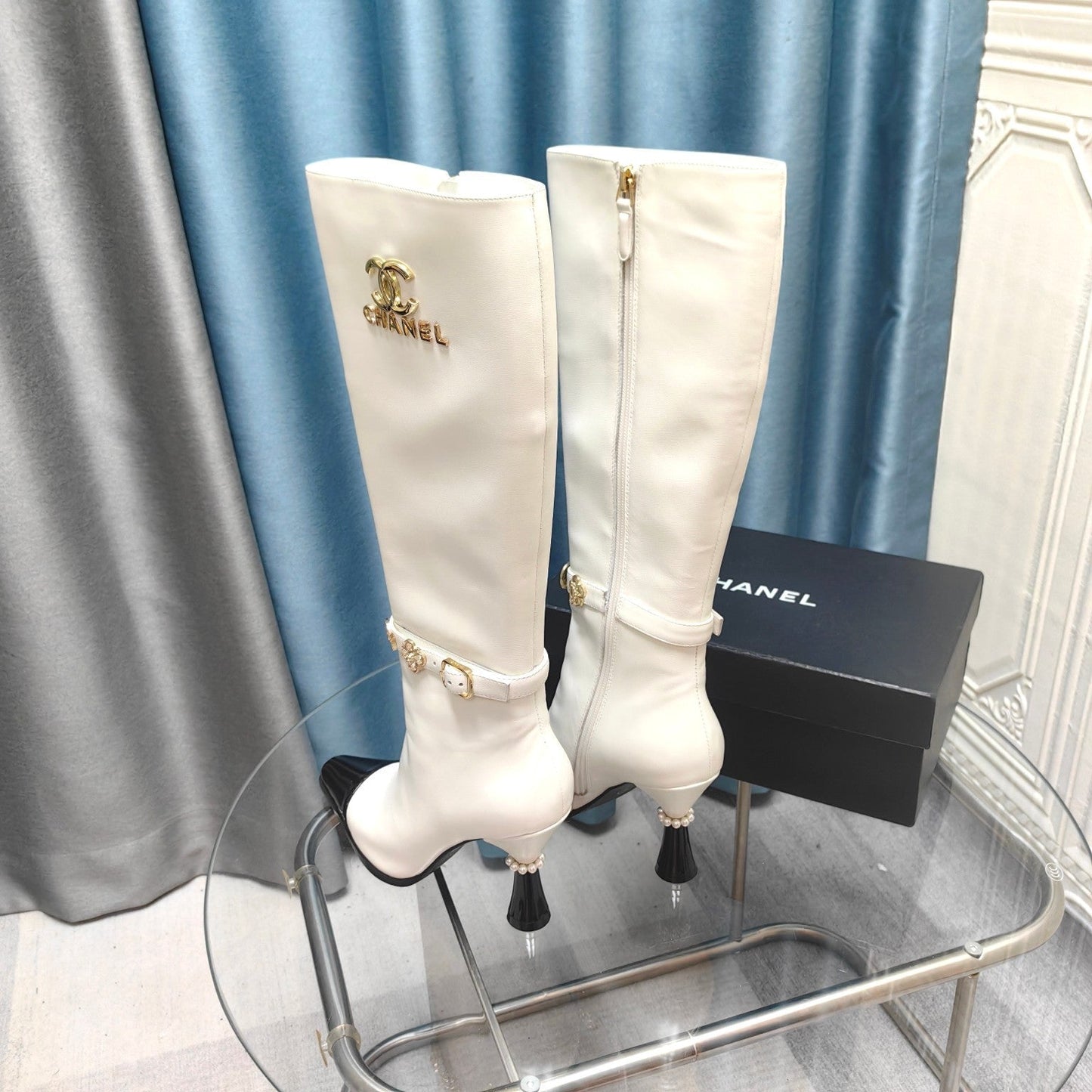 CC High Boots White Cowhide And Lambskin