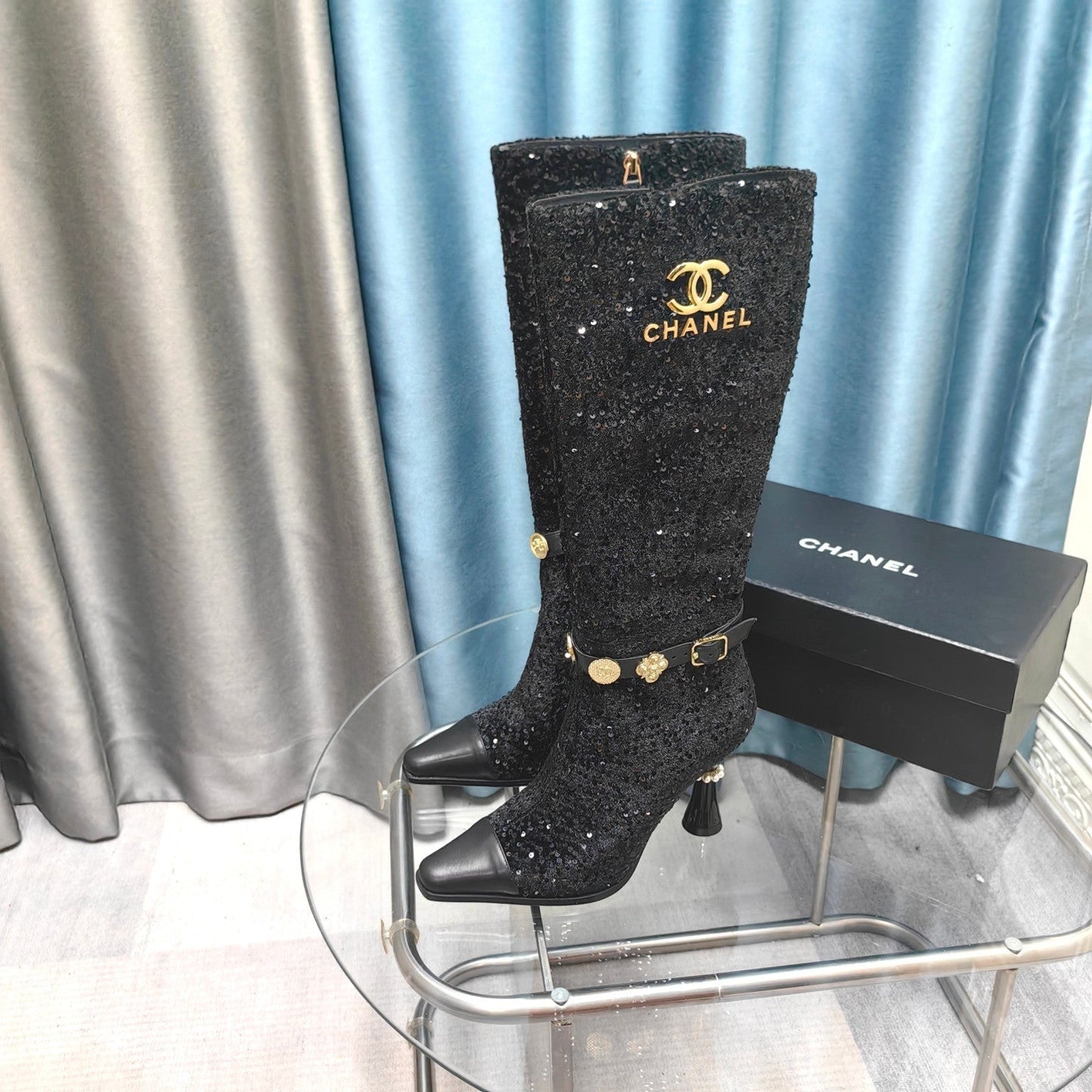 CC High Boots Black Beaded Fabric And Cowhide