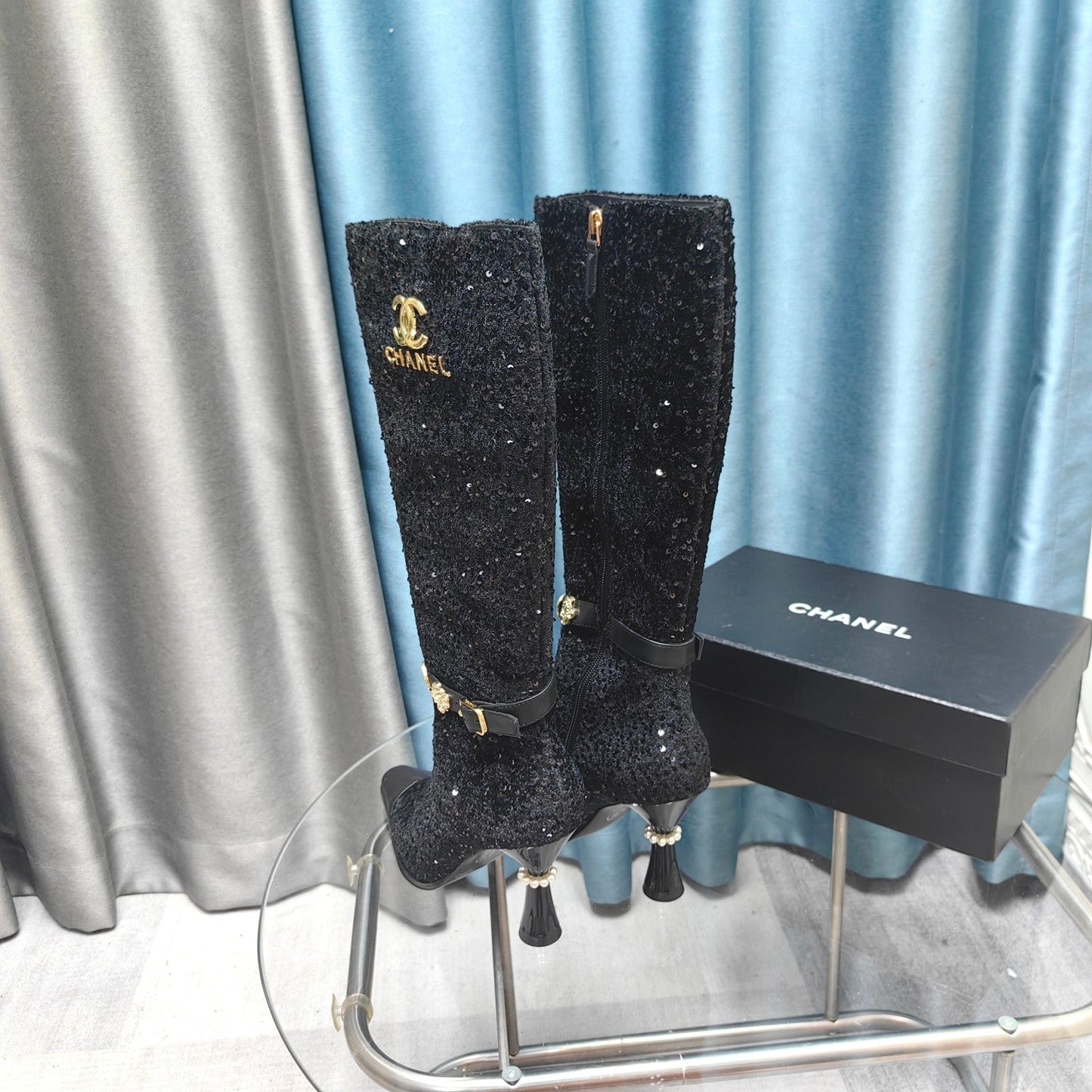 CC High Boots Black Beaded Fabric And Cowhide