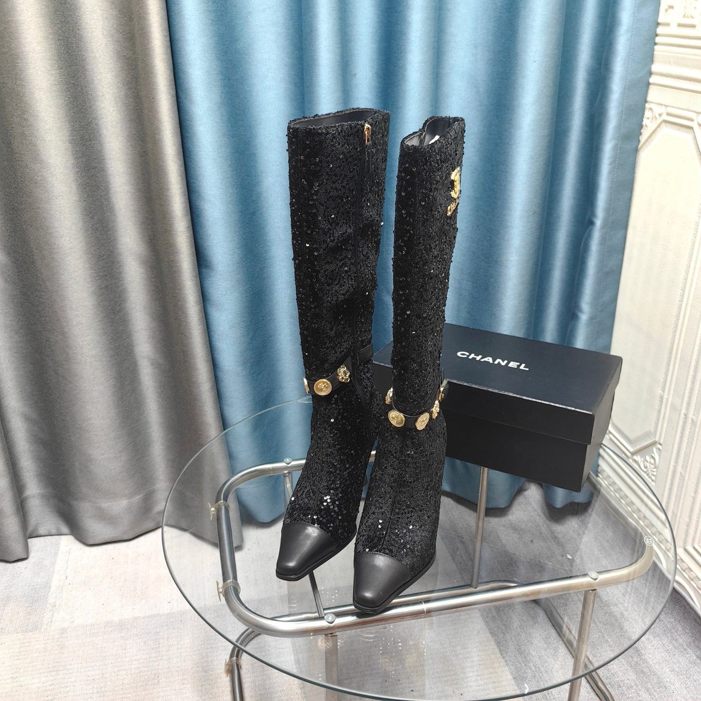 CC High Boots Black Beaded Fabric And Cowhide