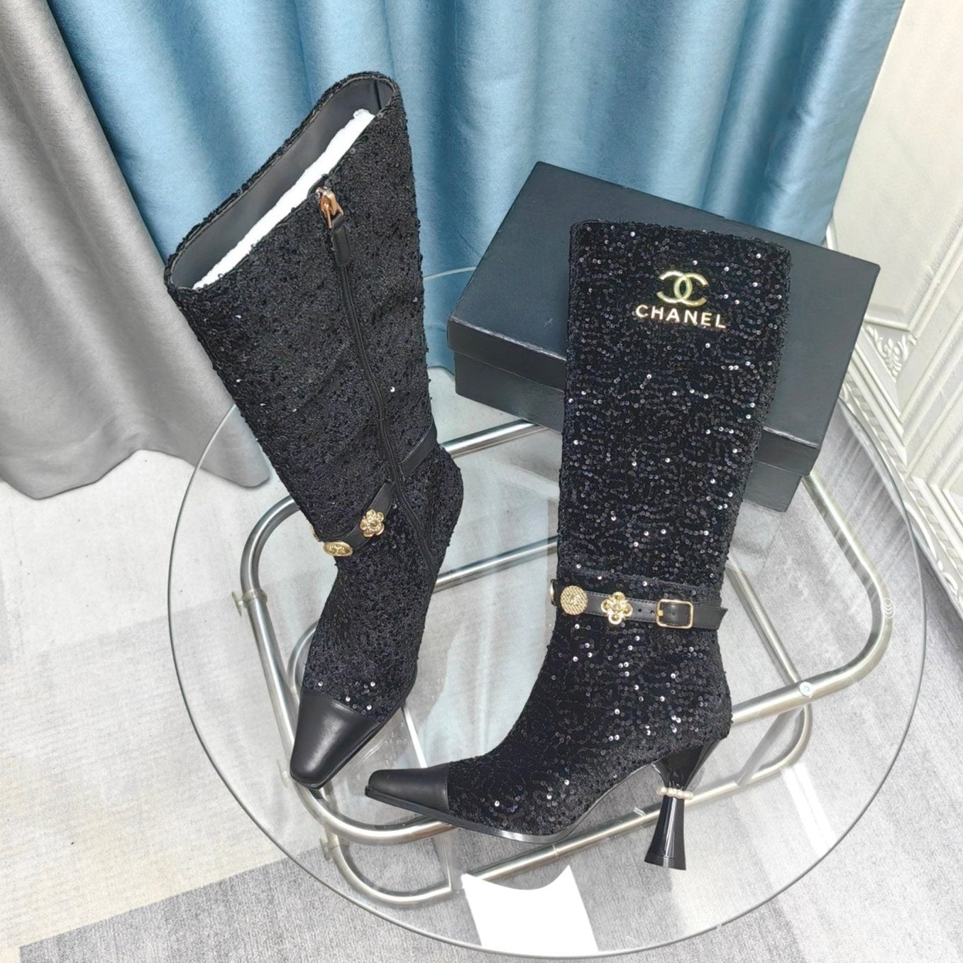 CC High Boots Black Beaded Fabric And Cowhide