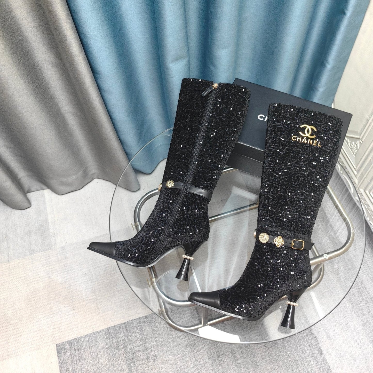 CC High Boots Black Beaded Fabric And Cowhide