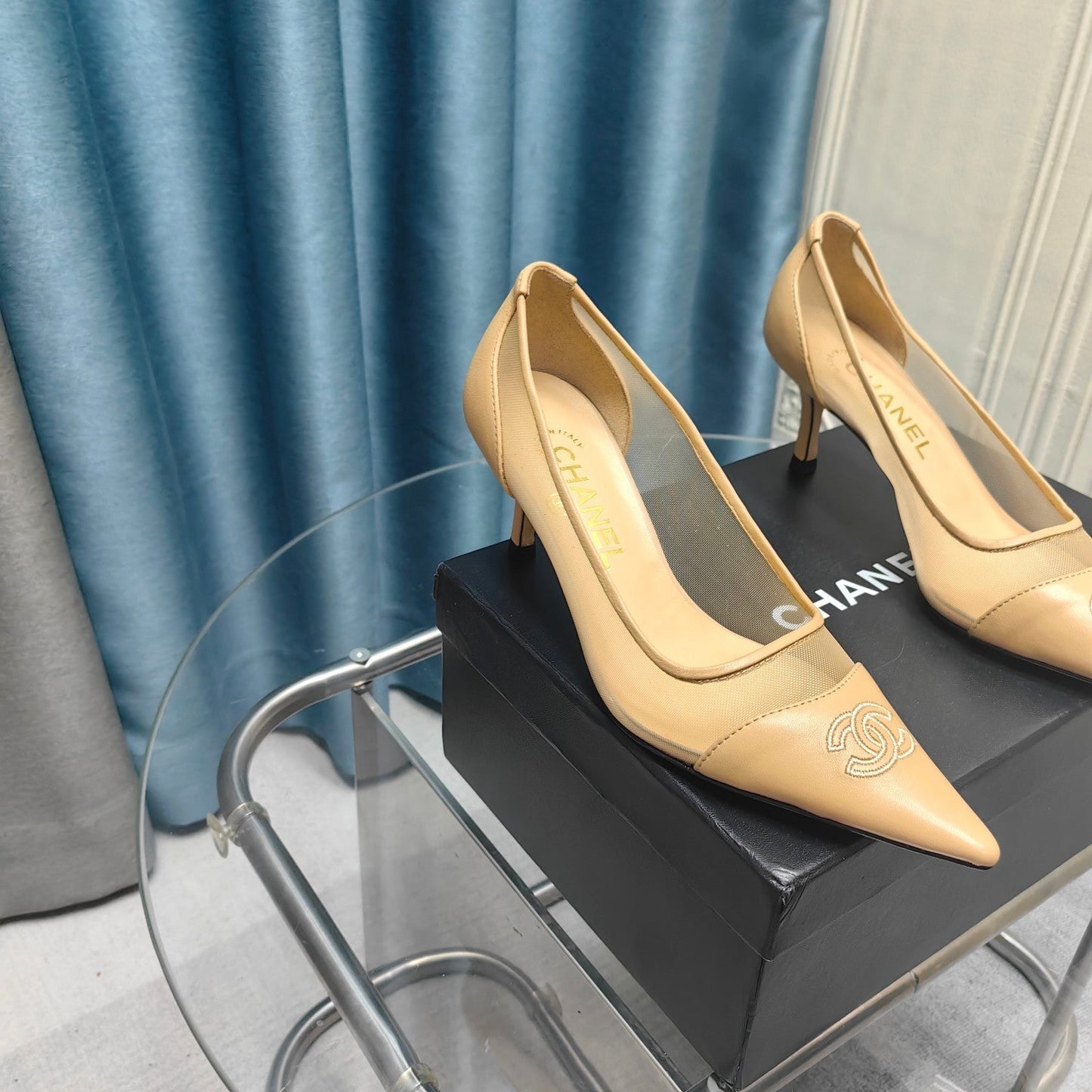 Slingback 50 Beige Calfskin Black Satin Pointed Toe