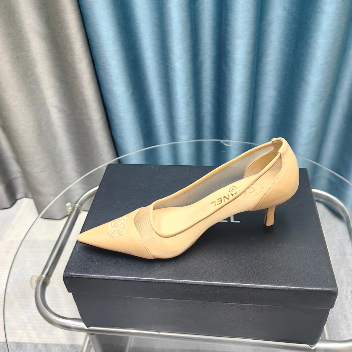 Slingback 50 Beige Calfskin Black Satin Pointed Toe