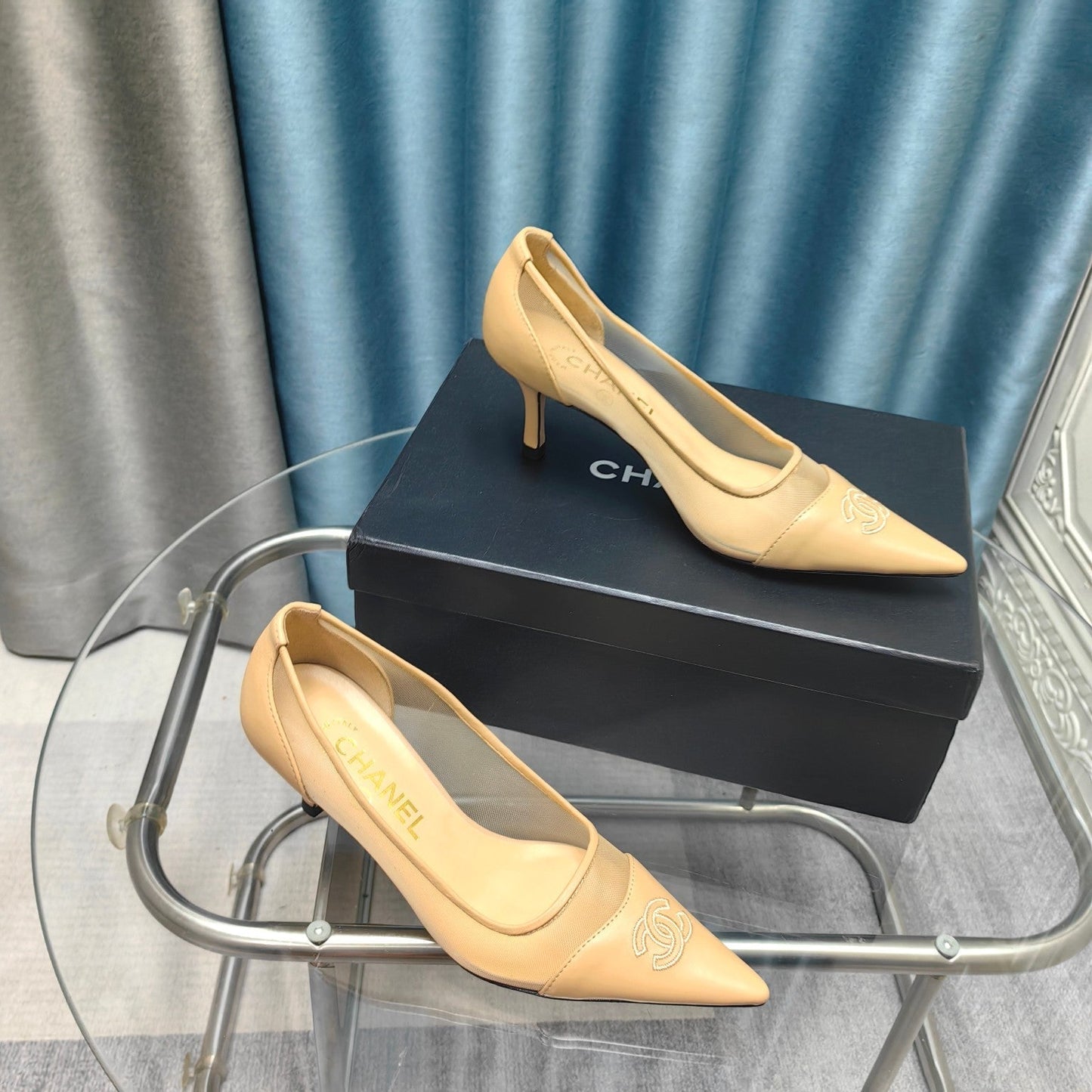 Slingback 50 Beige Calfskin Black Satin Pointed Toe