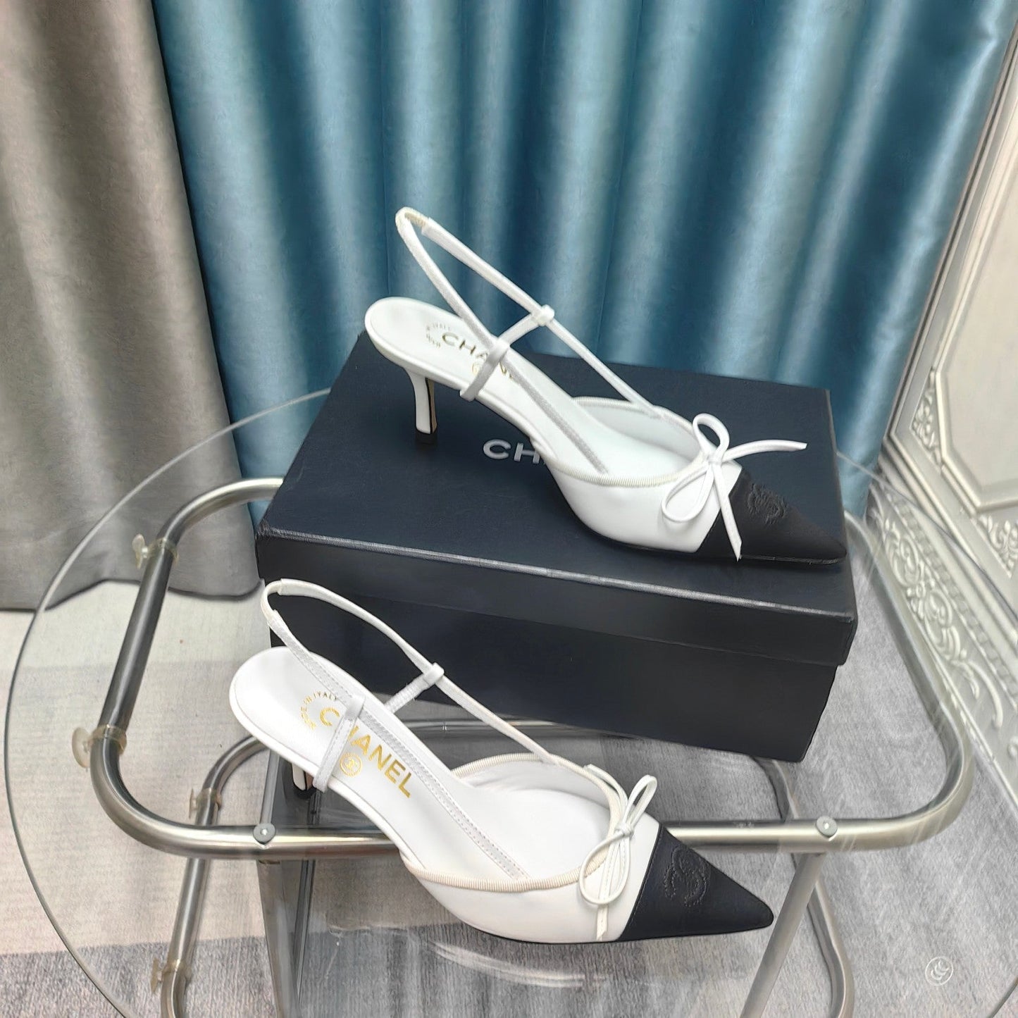 Slingback 50 White Calfskin Black Satin Pointed Toe