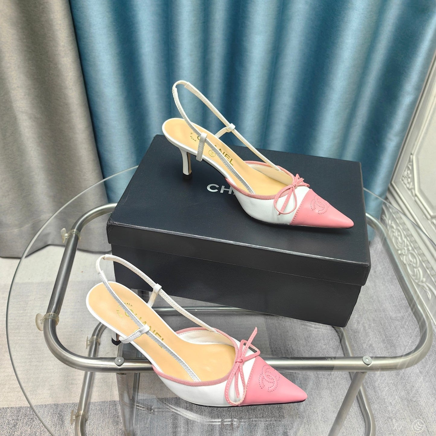 Slingback 50 White Calfskin Pink Satin Pointed Toe