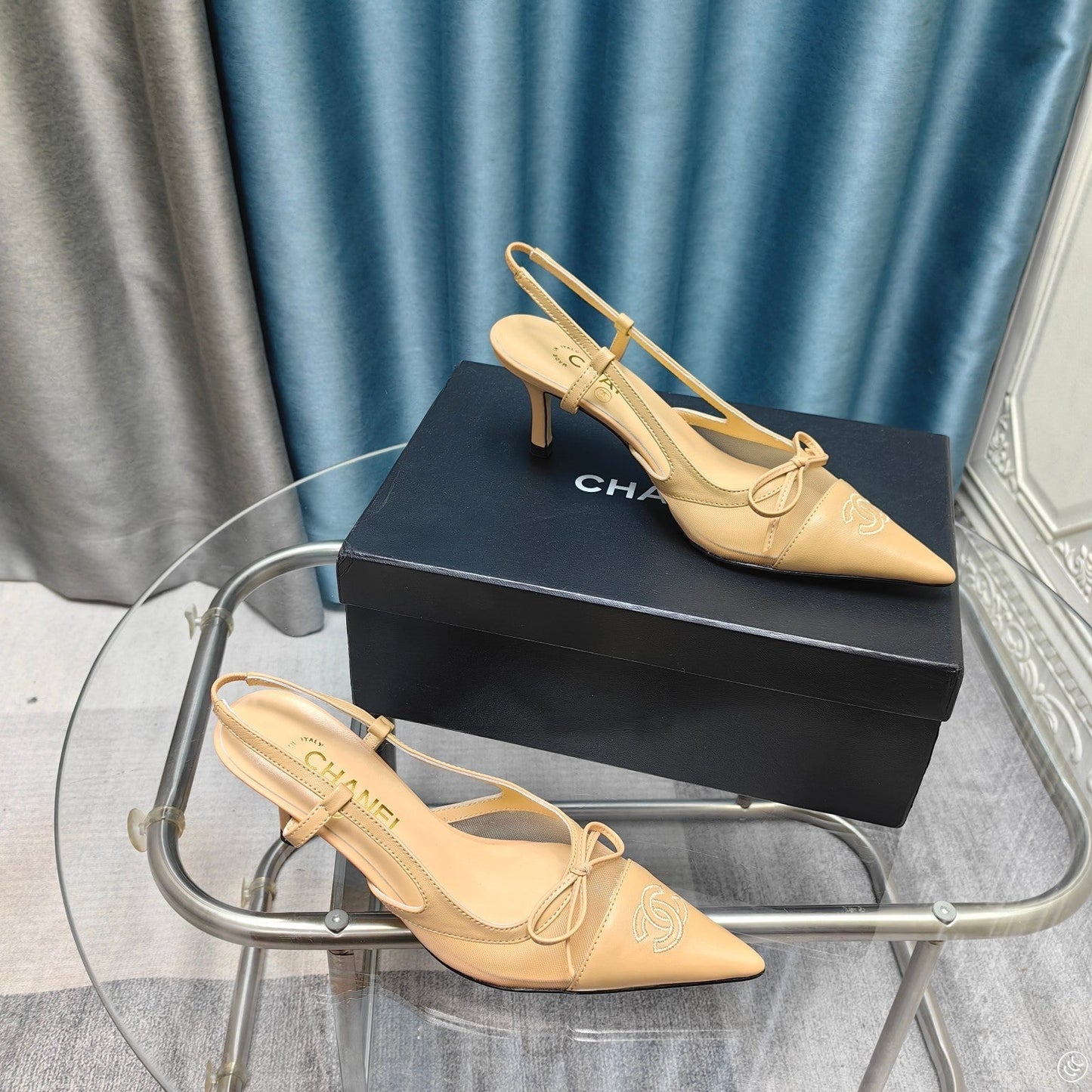 Slingback 50 Beige Mesh Calfskin Pointed Toe