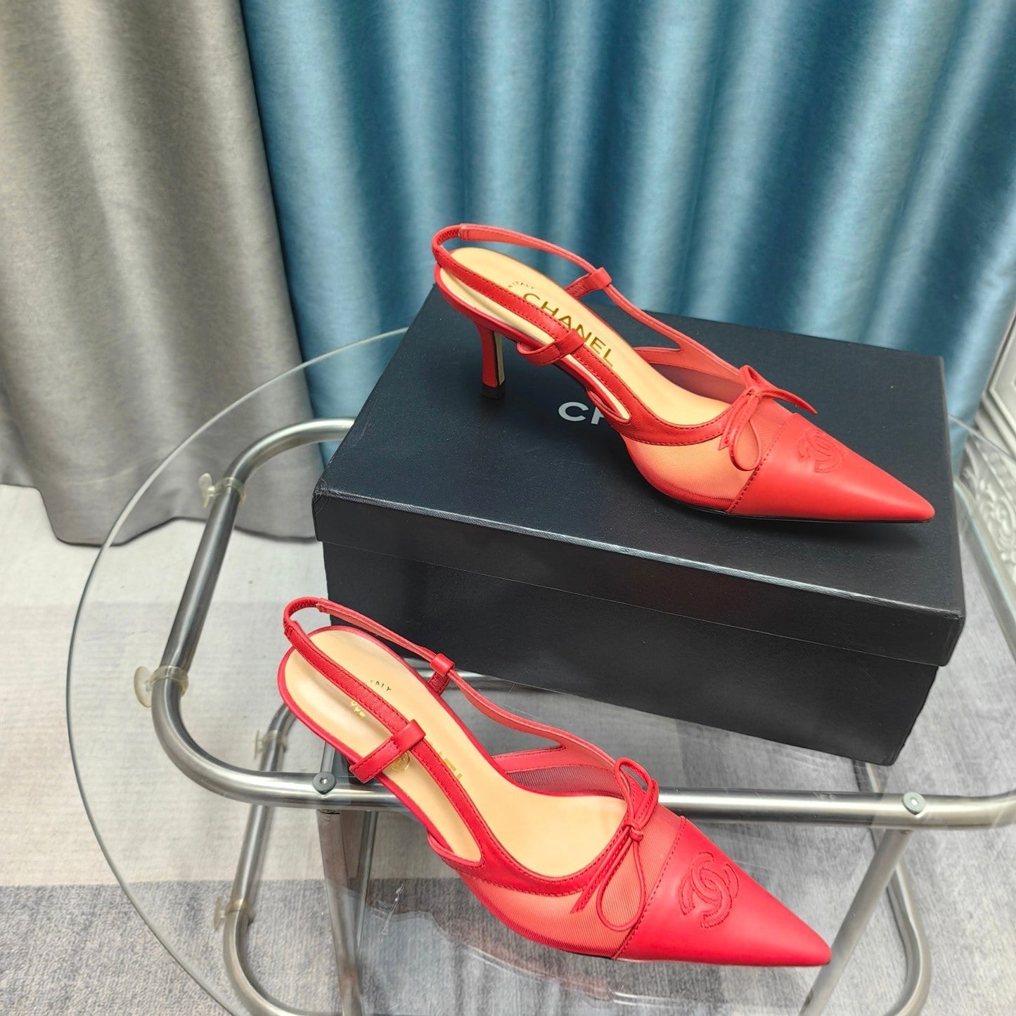 Slingback 50 Red Mesh Calfskin Pointed Toe