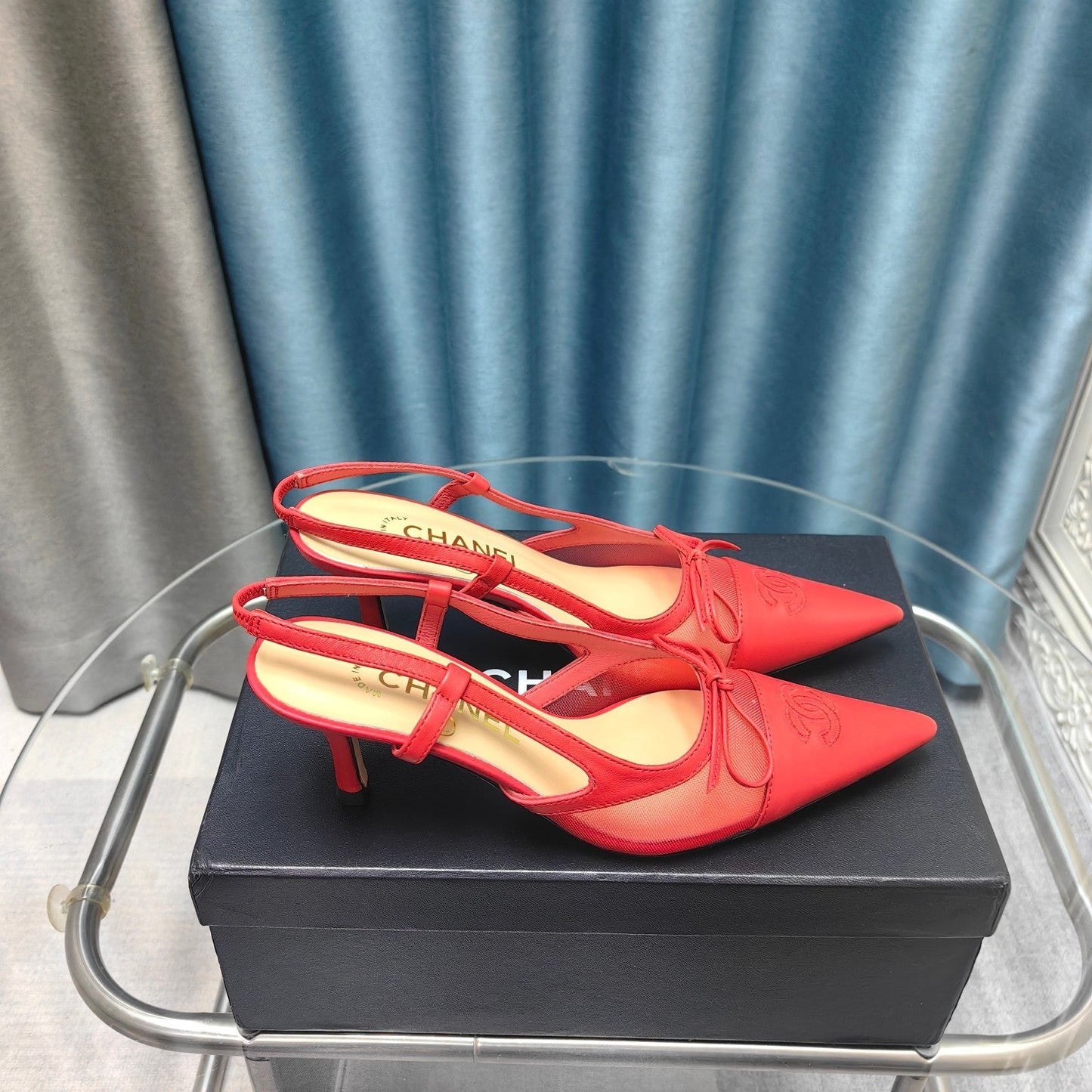 Slingback 50 Red Mesh Calfskin Pointed Toe