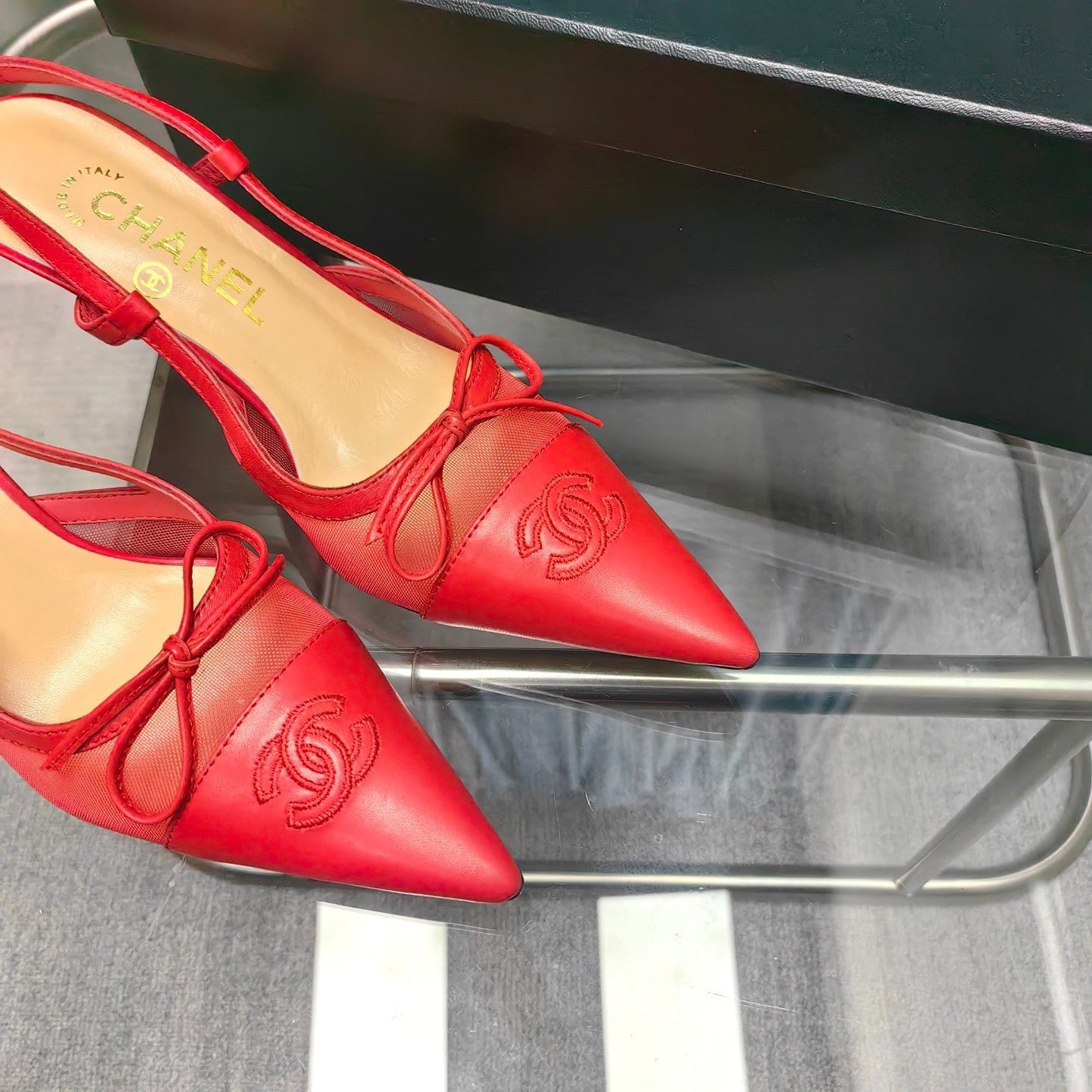 Slingback 50 Red Mesh Calfskin Pointed Toe