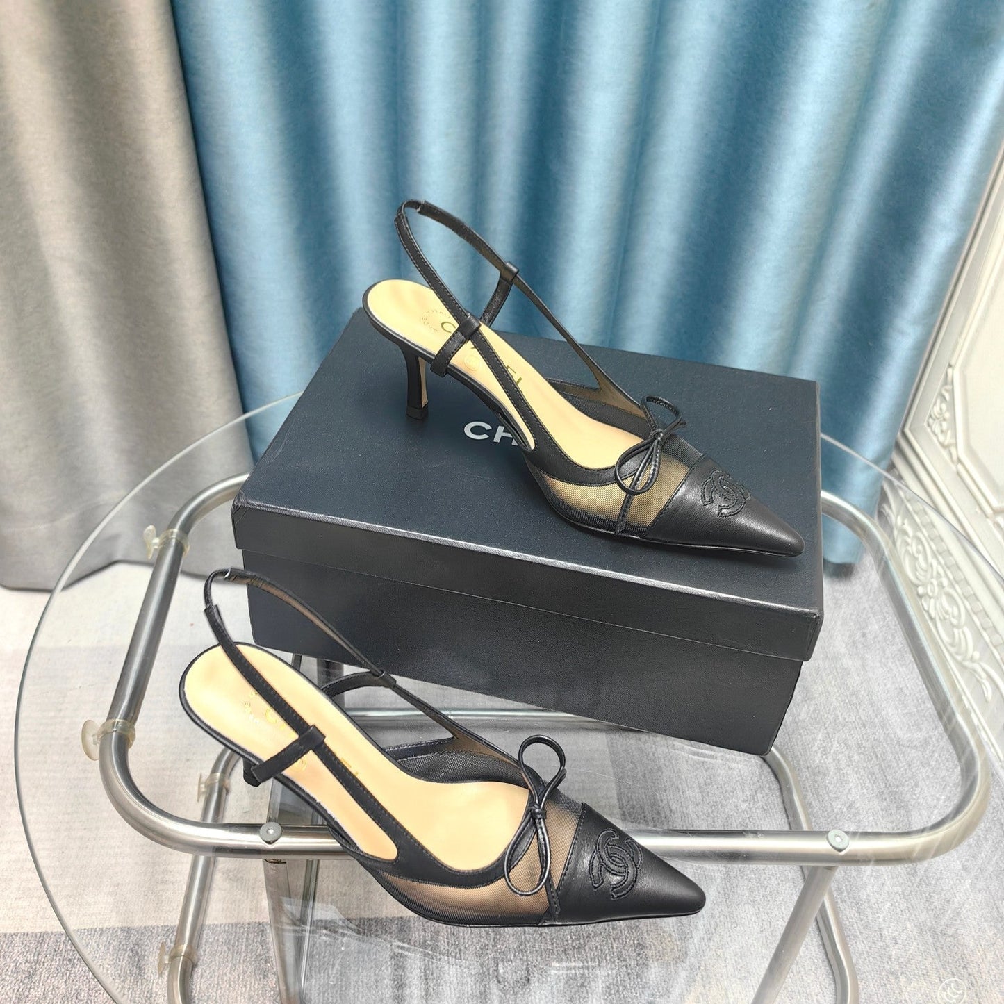 Slingback 50 Black Mesh Calfskin Pointed Toe