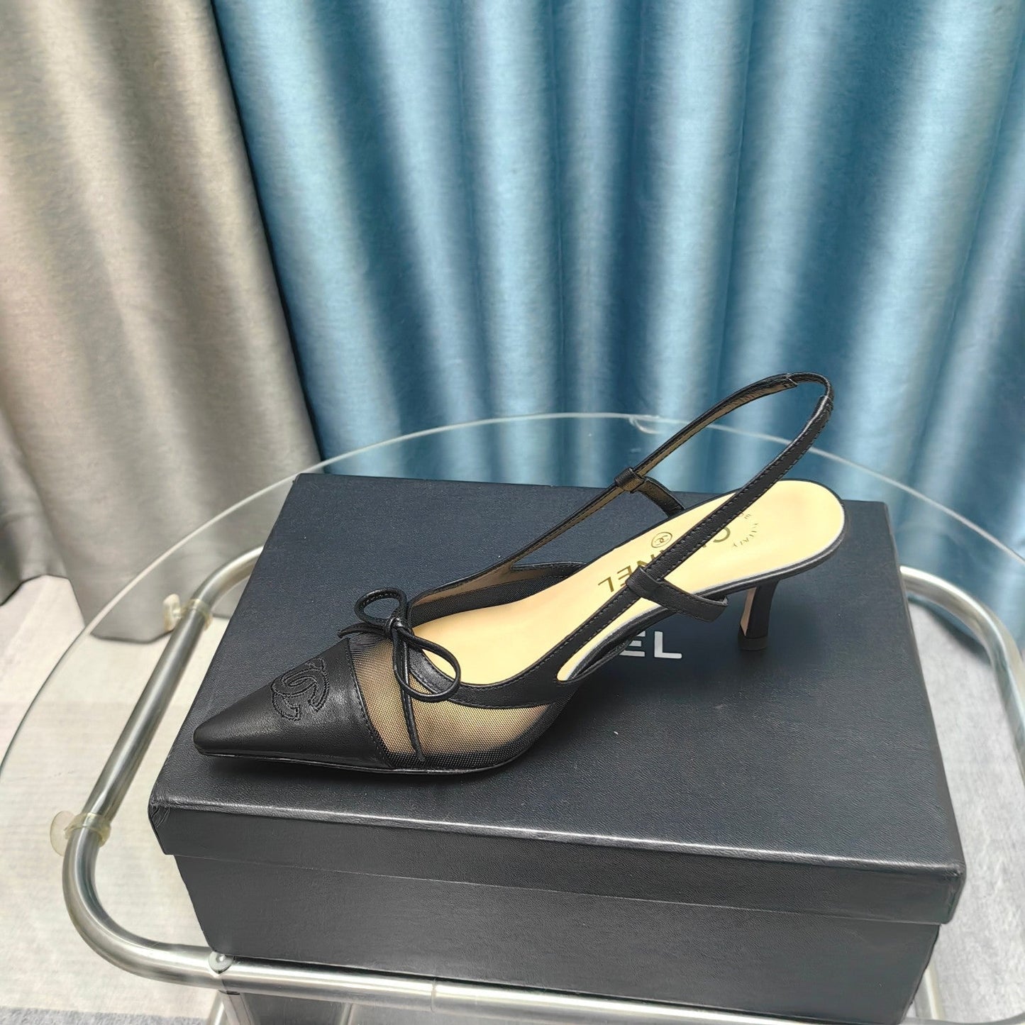 Slingback 50 Black Mesh Calfskin Pointed Toe