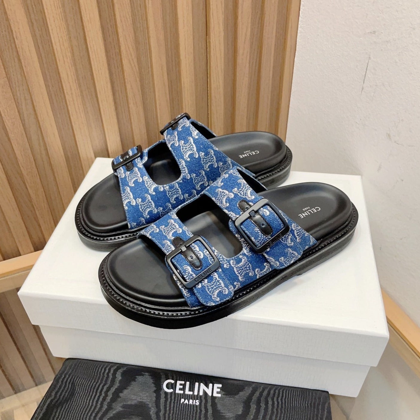 TWIN-STRAP SANDALS WITH SUEDE UPPERS AND BUCKLE CLOSURE COBALT BLUE BLACK CARO