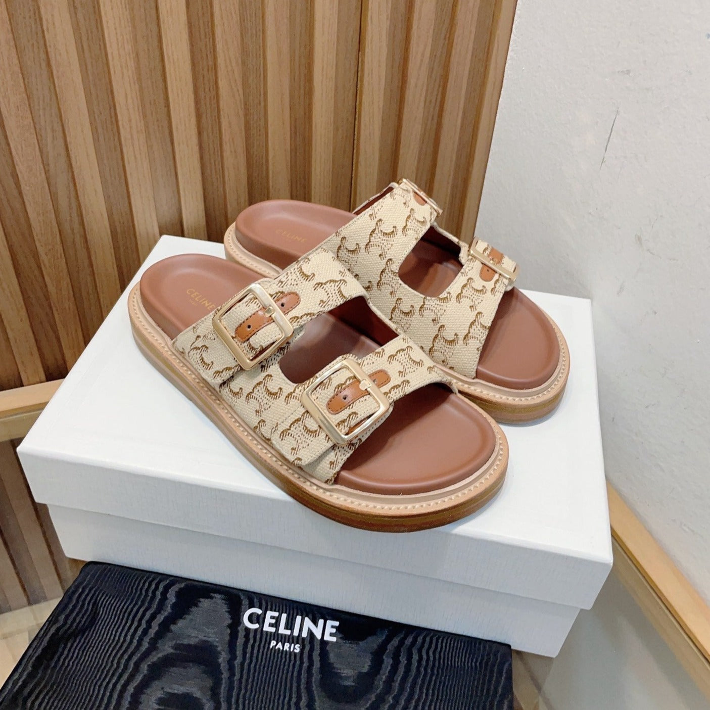 TWIN-STRAP SANDALS WITH SUEDE UPPERS AND BUCKLE CLOSURE CARAMEL BROWN CARO