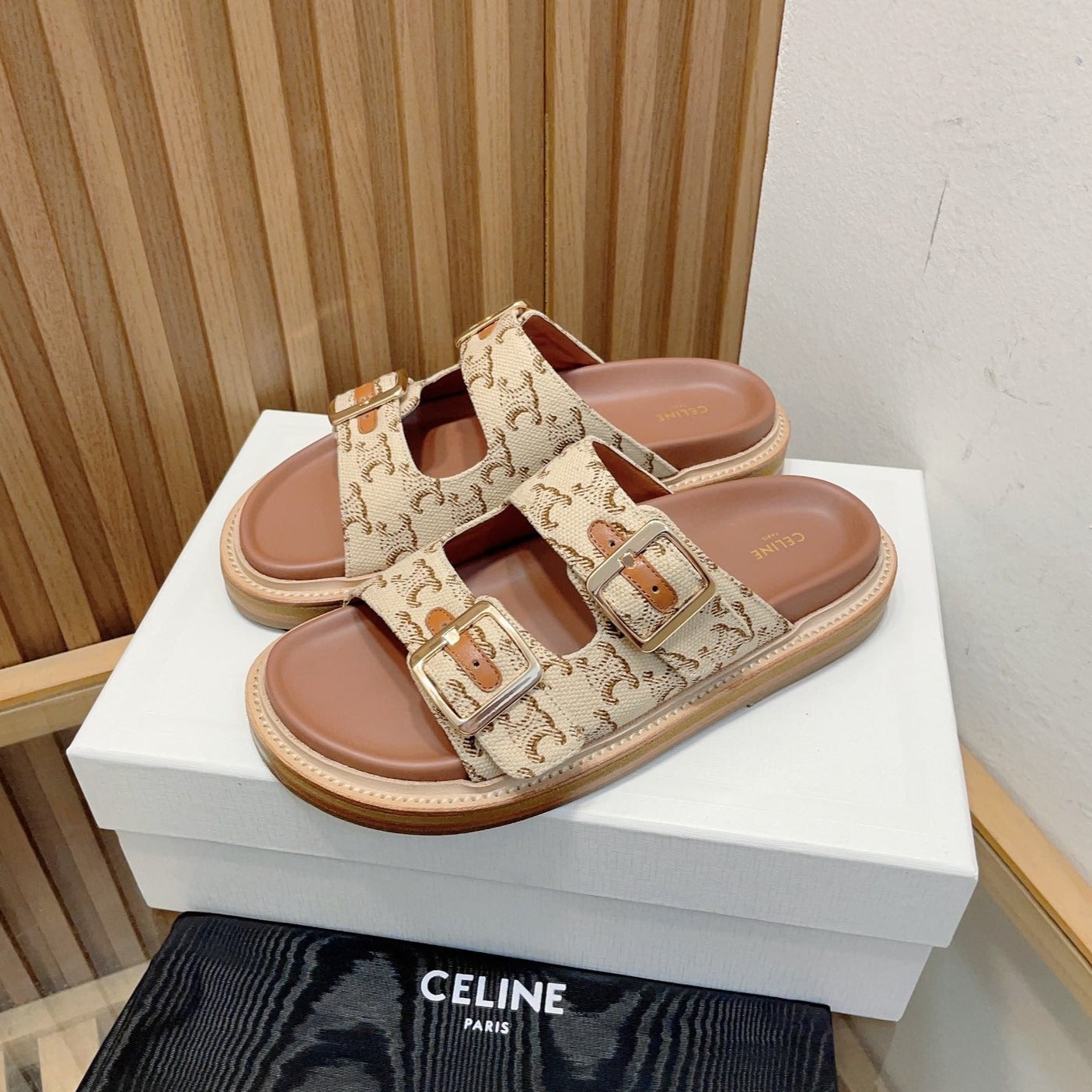 TWIN-STRAP SANDALS WITH SUEDE UPPERS AND BUCKLE CLOSURE CARAMEL BROWN CARO