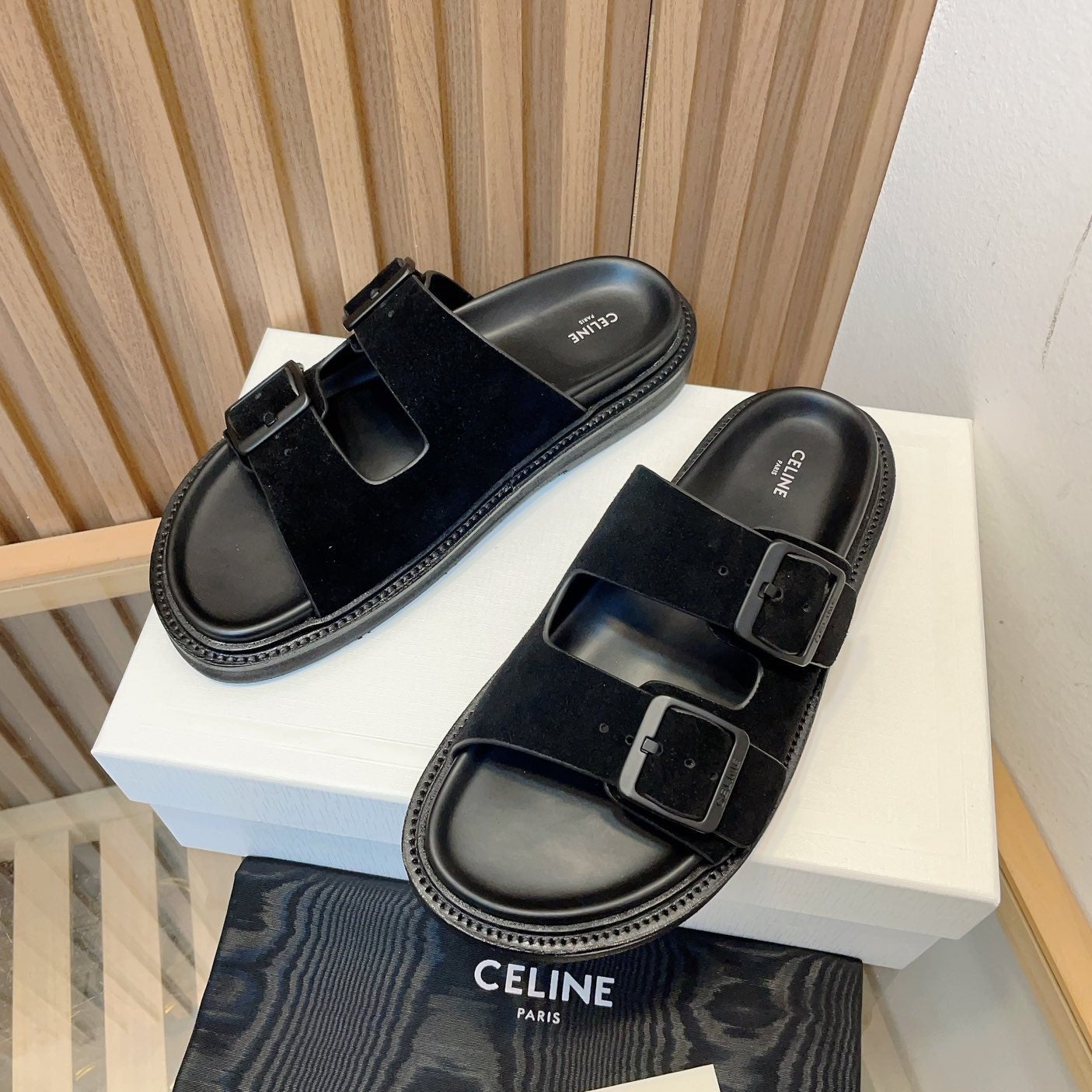 TWIN-STRAP SANDALS WITH SUEDE UPPERS AND BUCKLE CLOSURE BLACK