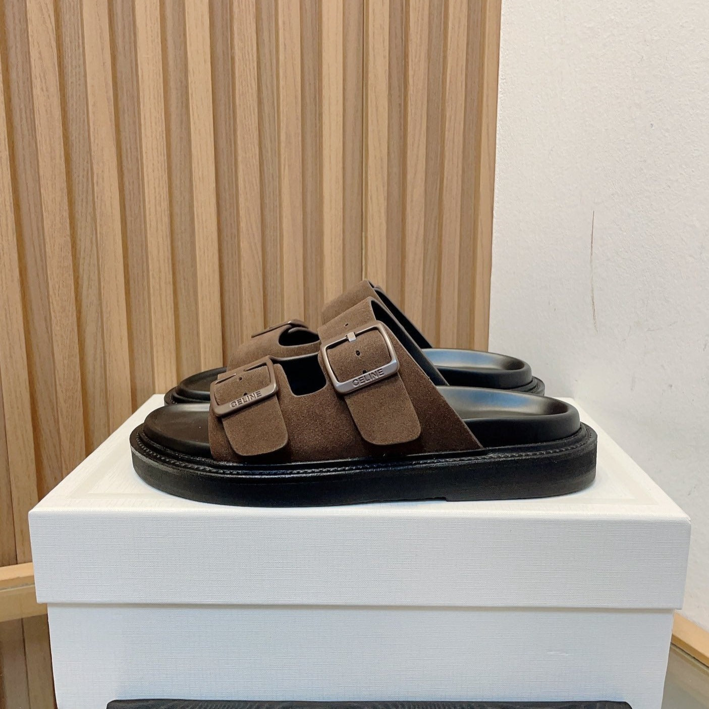 TWIN-STRAP SANDALS WITH SUEDE UPPERS AND BUCKLE CLOSURE BROWN